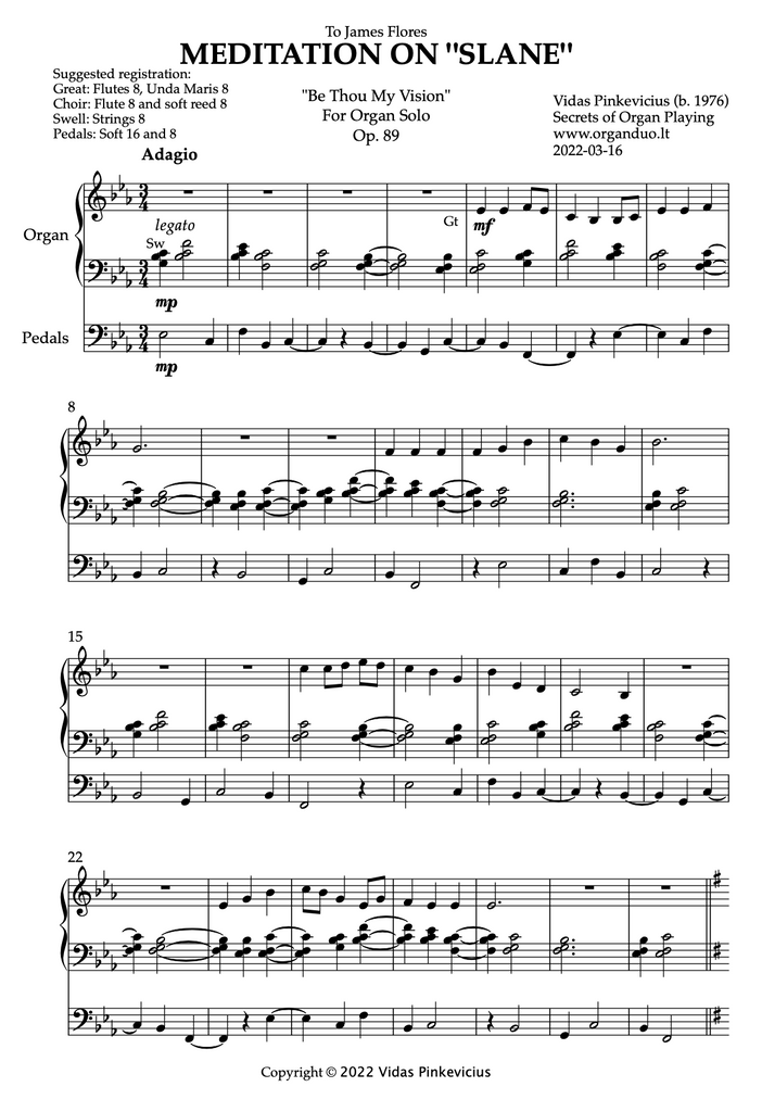 Meditation on "Slane", Op. 89 (Organ Solo) by Vidas Pinkevicius (2022)
