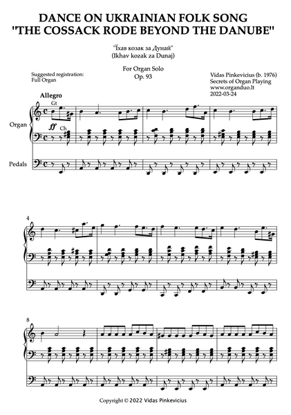 Dance on Ukrainian Folk Song "The Cossack Rode Beyond the Danube", Op. 93 (Organ Solo) by Vidas Pinkevicius (2022)