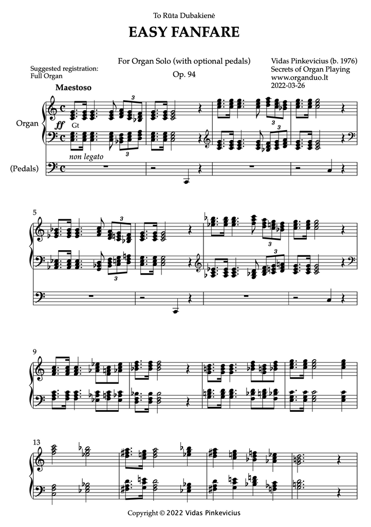 Easy Fanfare, Op. 94 (Organ Solo) by Vidas Pinkevicius (2022)