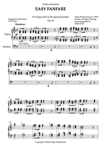 Easy Fanfare, Op. 94 (Organ Solo) by Vidas Pinkevicius (2022)