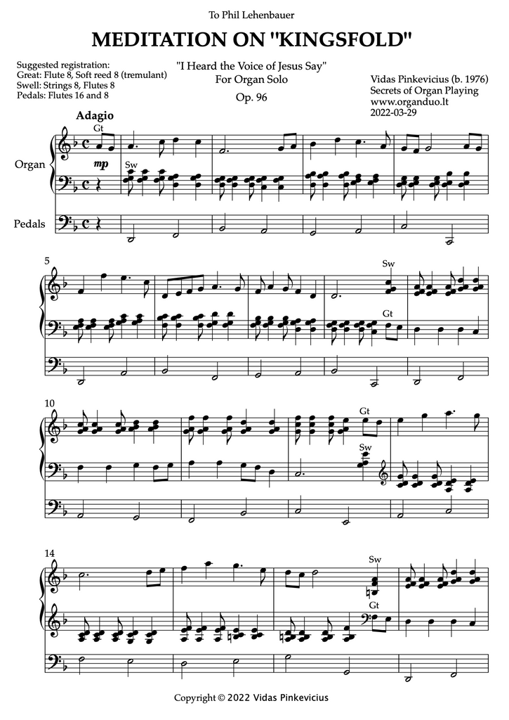 Meditation on "Kingsfold", Op. 96 (Organ Solo) by Vidas Pinkevicius (2022)