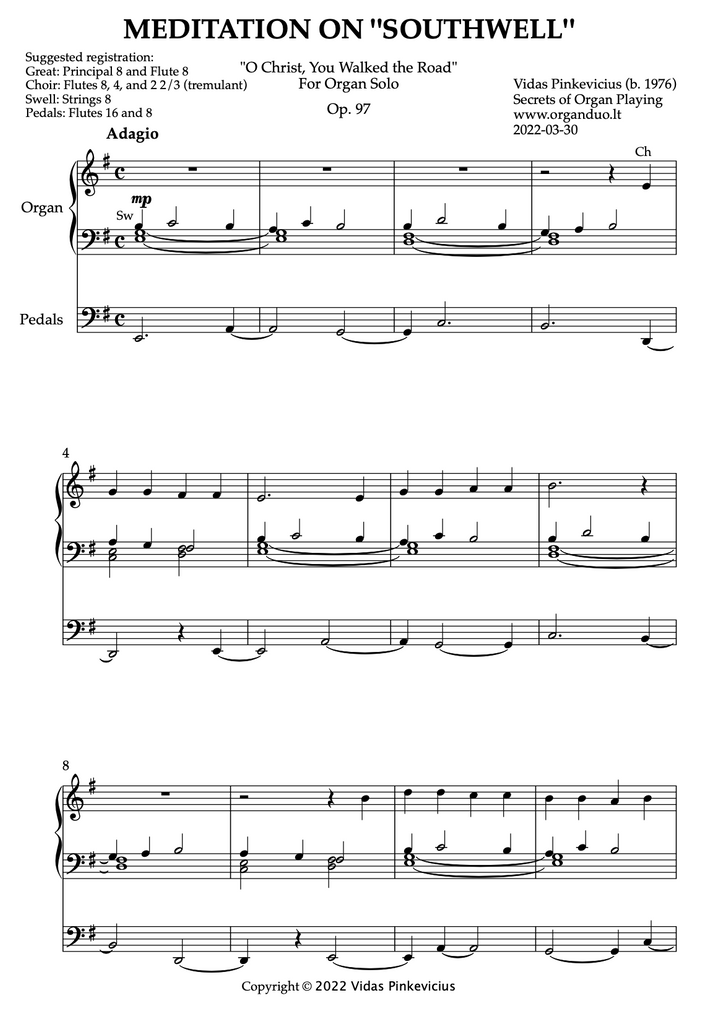 Meditation on "Southwell", Op. 97 (Organ Solo) by Vidas Pinkevicius (2022)