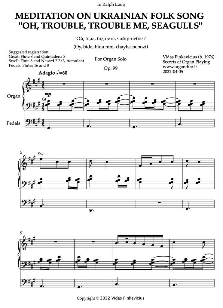 Meditation on Ukrainian Folk Song "Oh, Trouble, Trouble, Me, Seagulls", Op. 99 (Organ Solo) by Vidas Pinkevicius (2022)