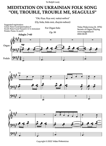 Meditation on Ukrainian Folk Song "Oh, Trouble, Trouble, Me, Seagulls", Op. 99 (Organ Solo) by Vidas Pinkevicius (2022)