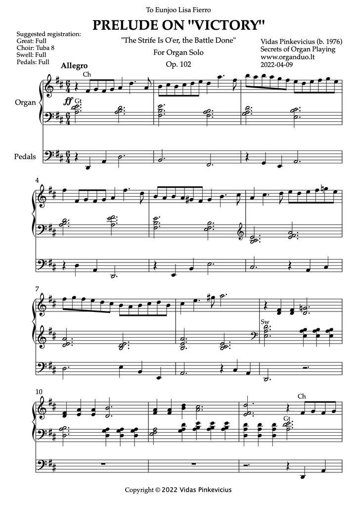 Prelude on "Victory", Op. 102 (Organ Solo) by Vidas Pinkevicius (2022)