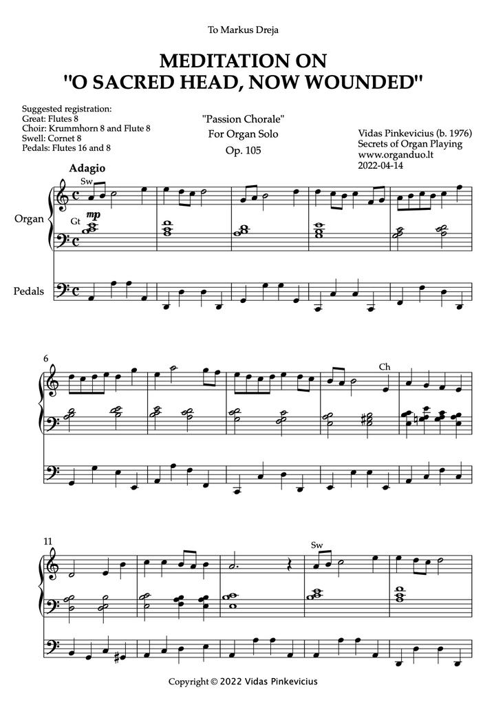Meditation on "O Sacred Head, Now Wounded", Op. 105 (Organ Solo) - Vidas Pinkevicius (2022)