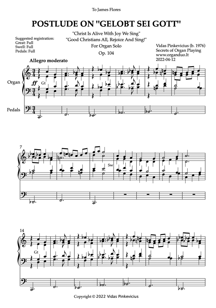 Postlude on "Gelobt Sei Gott", Op. 104 (Organ Solo) by Vidas Pinkevicius (2022)