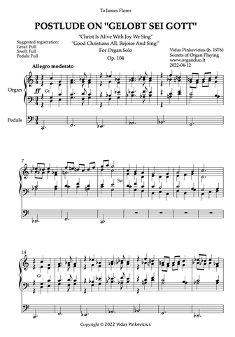 Postlude on "Gelobt Sei Gott", Op. 104 (Organ Solo) by Vidas Pinkevicius (2022)