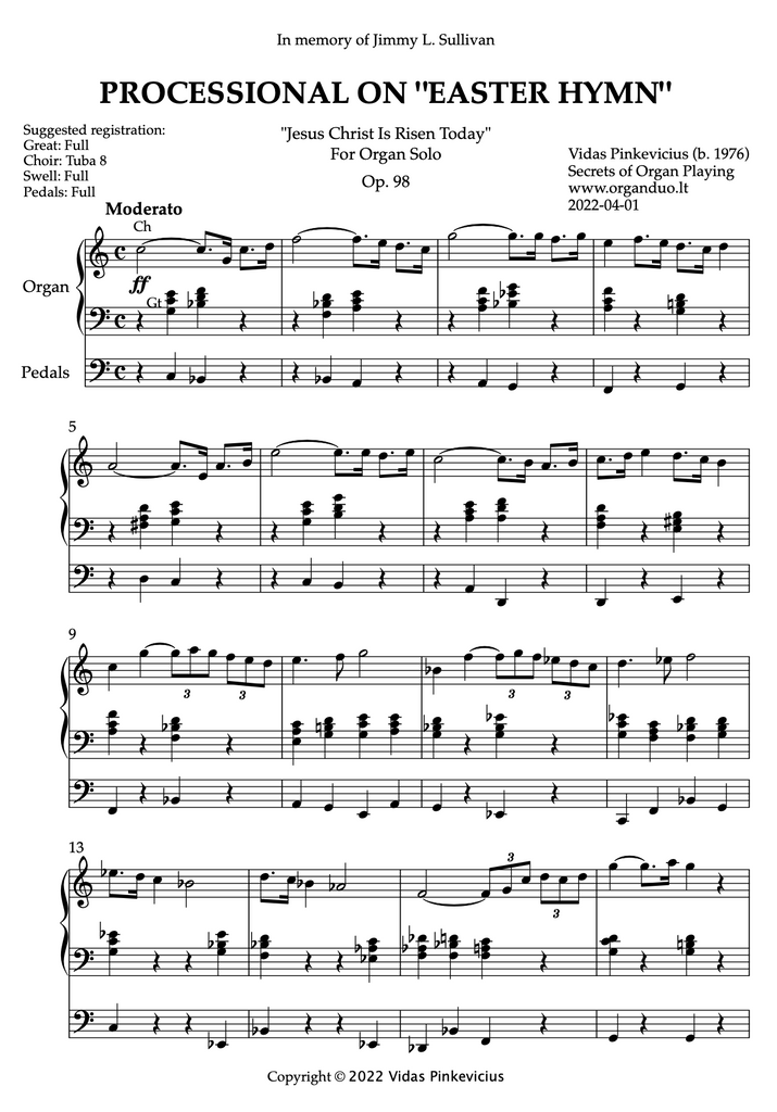 Processional on Easter Hymn, Op. 98 (Organ Solo) by Vidas Pinkevicius (2022)