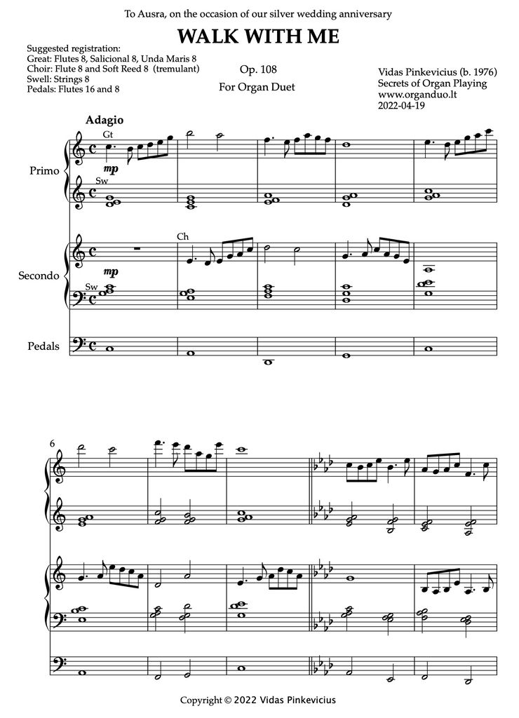 Walk With Me, Op. 108 (Organ Duet) by Vidas Pinkevicius (2022)