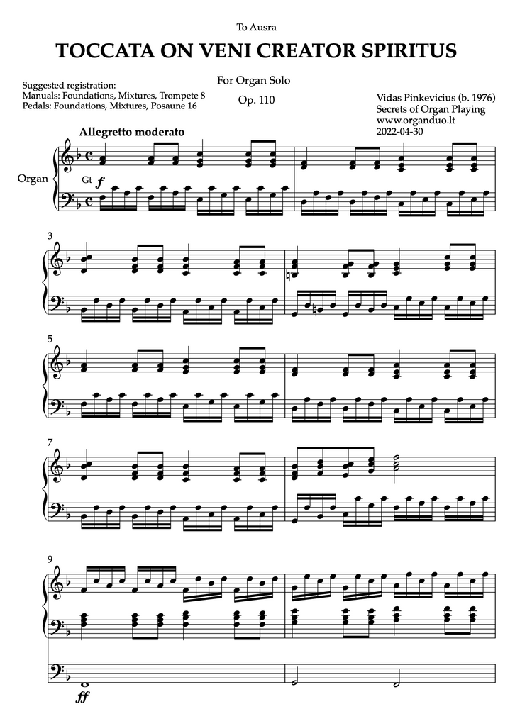 Toccata on Veni Creator Spiritus, Op. 110 (Organ Solo) by Vidas Pinkevicius (2022)
