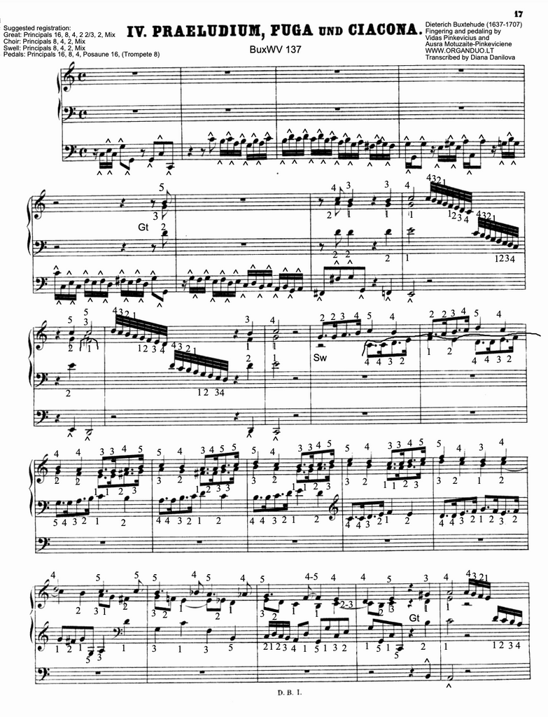 Prelude in C Major, BuxWV 137 by Dieterich Buxtehude  with Fingering and Pedaling