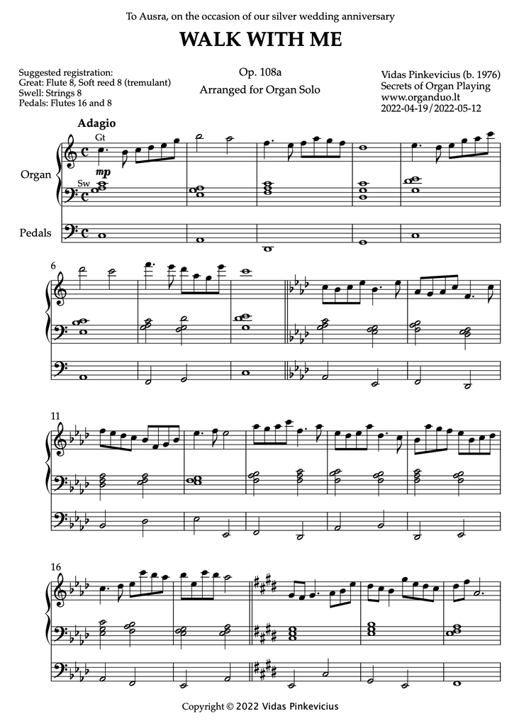 Walk With Me, Op. 108a (Organ Solo) by Vidas Pinkevicius (2022)