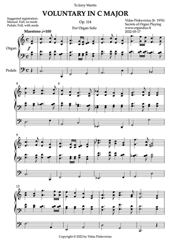 Voluntary in C Major, Op. 114 (Organ Solo) by Vidas Pinkevicius (2022)