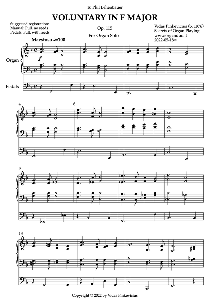 Voluntary in F Major, Op. 115 (Organ Solo) by Vidas Pinkevicius (2022)