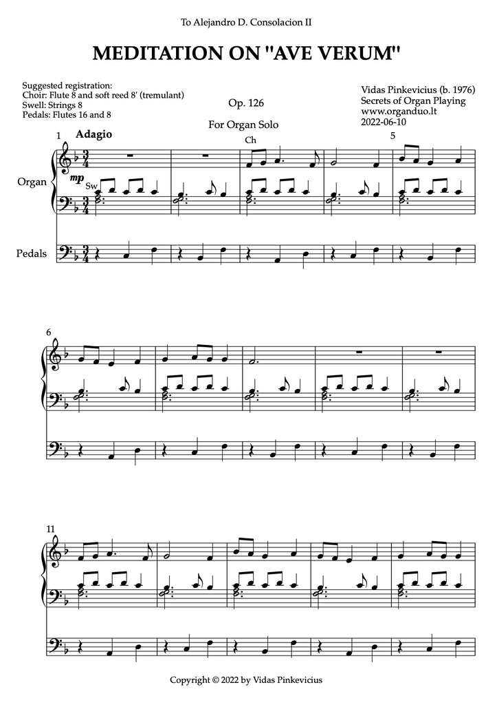 Meditation on Ave Verum, Op. 126 (Organ Solo) by Vidas Pinkevicius (2022)