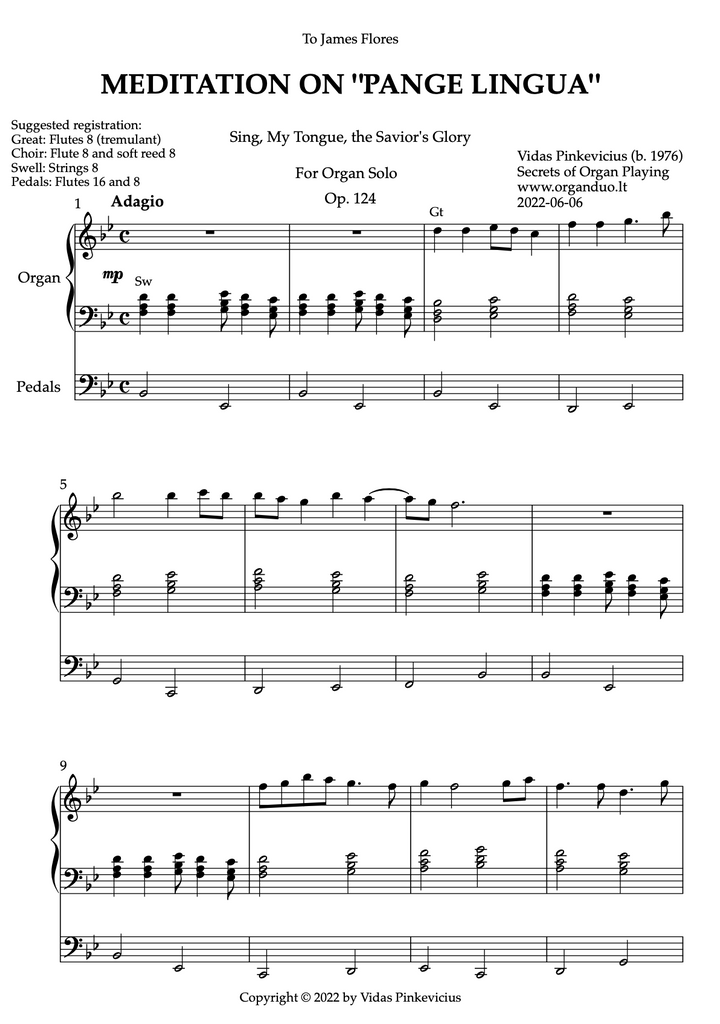 Meditation on "Pange Lingua", Op. 124 (Organ Solo) by Vidas Pinkevicius (2022)