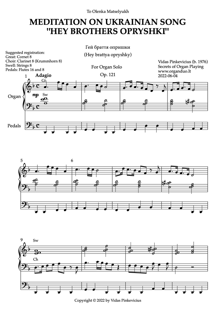 Meditation on Ukrainian Song "Hey Brothers Opryshki", Op. 121 (Organ Solo) by Vidas Pinkevicius