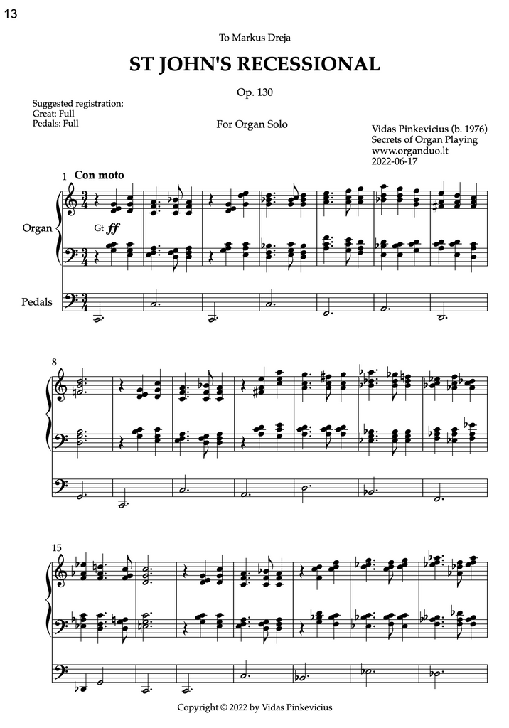 St John's Recessional, Op. 130 (Organ Solo) by Vidas Pinkevicius (2022)