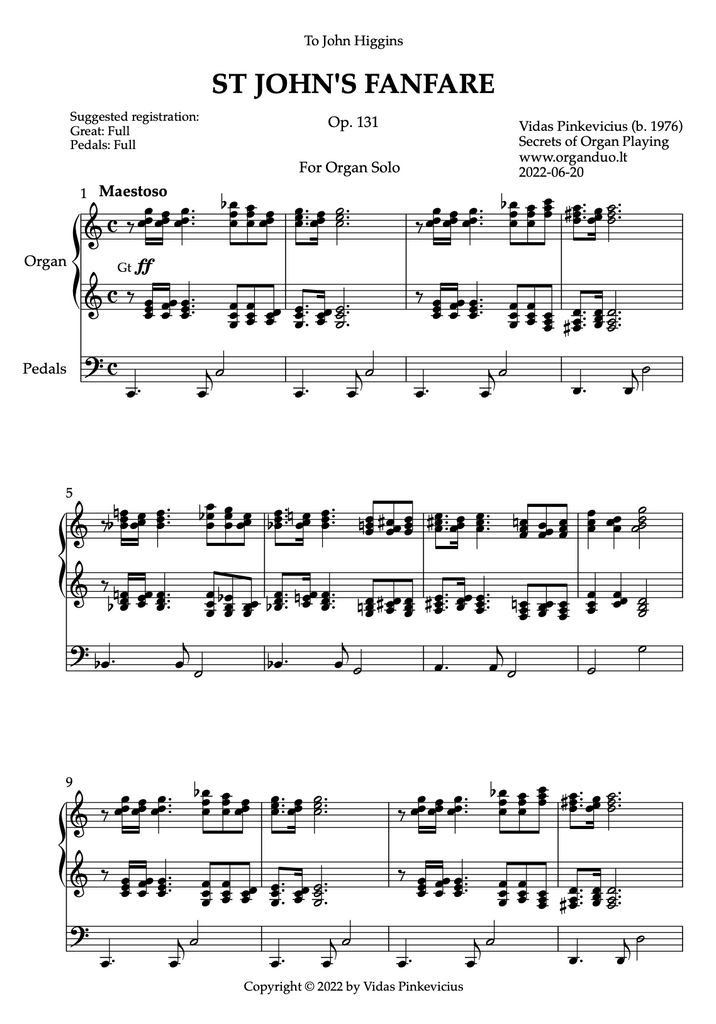 St John's Fanfare, Op. 131 (Organ Solo) by Vidas Pinkevicius (2022)