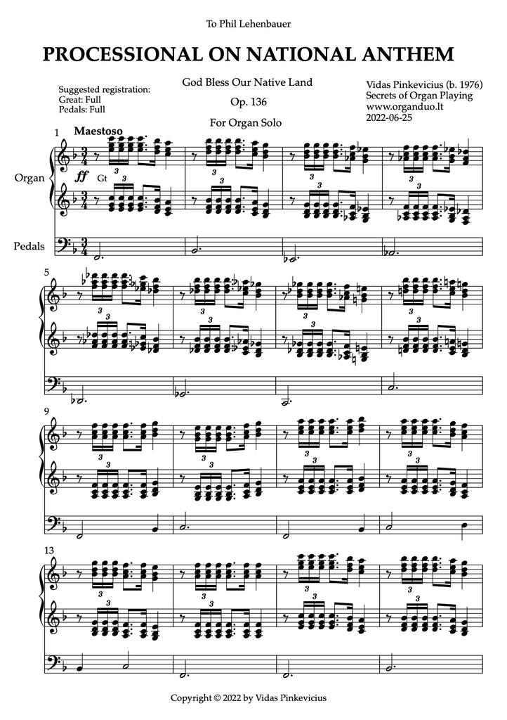 Processional on National Anthem, Op. 136 (Organ Solo) by Vidas Pinkevicius (2022)