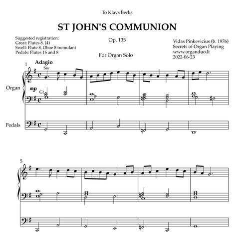 St John's Communion, Op. 135 (Organ Solo) by Vidas Pinkevicius (2022)