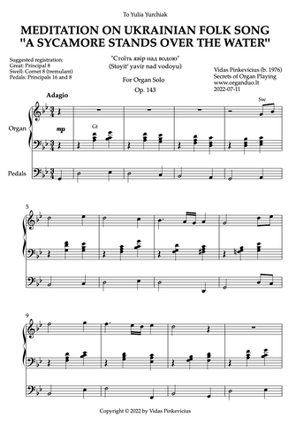 Meditation on Ukrainian Folk Song "A Sycamore Stands Over the Water", Op. 143 (Organ Solo)