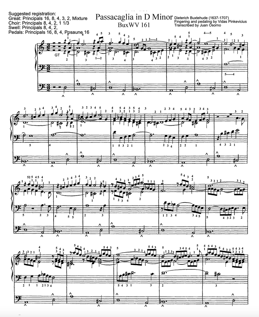 Passacaglia in D Minor, BuxWV 161 by Dieterich Buxtehude with Fingering and Pedaling