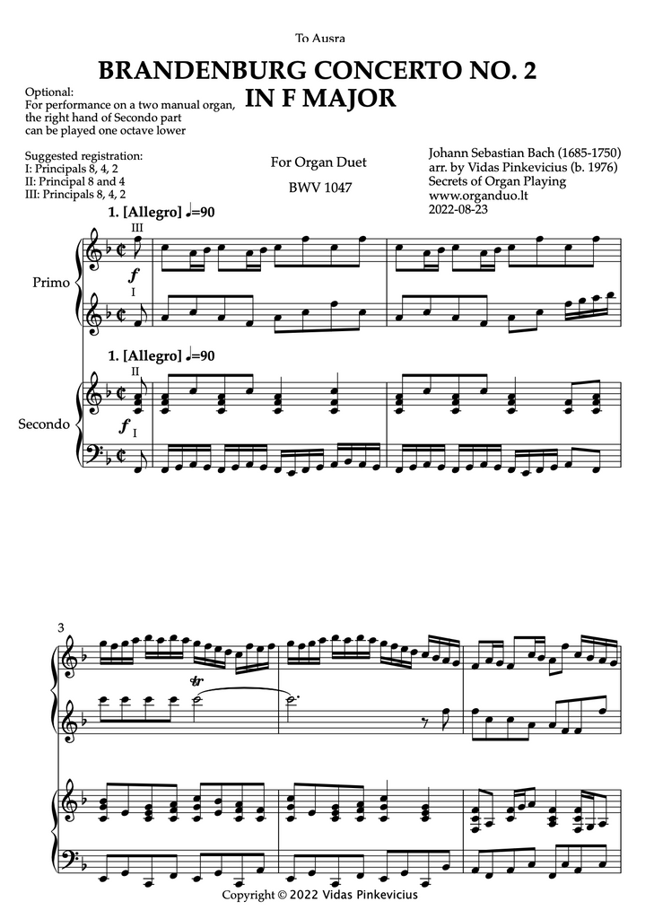 Brandenburg Concerto No. 2 in F Major, BWV 1047 by J.S. Bach (Organ Duet)