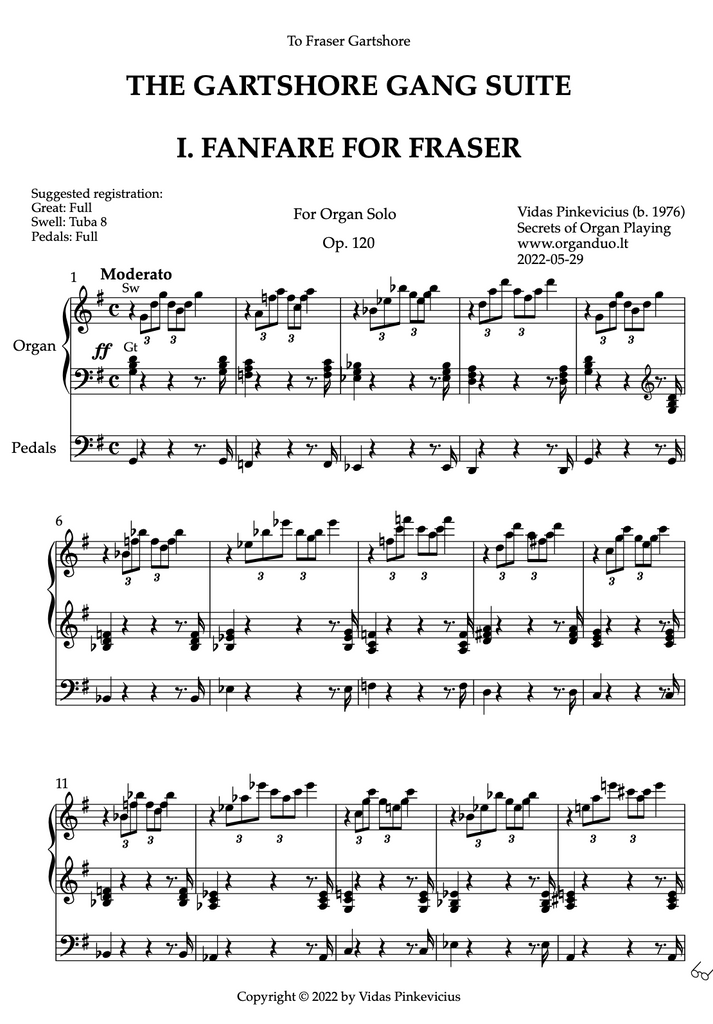 The Gartshore Gang Suite, Op. 120 (Organ Solo) by Vidas Pinkevicius (2022)