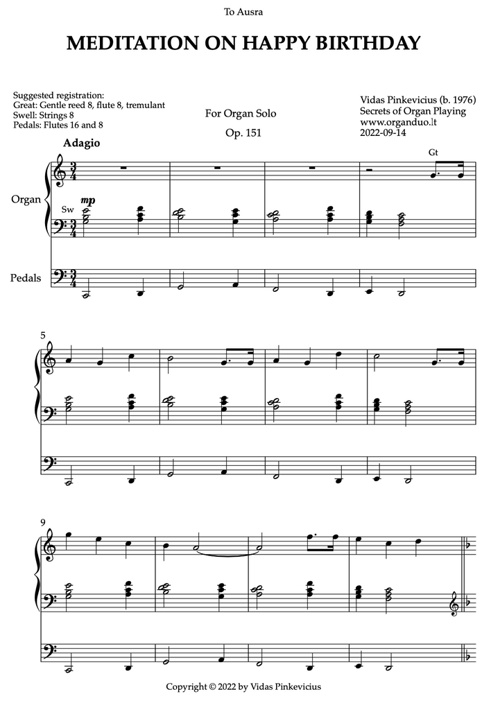 Meditation on Happy Birthday, Op. 151 (Organ Solo) by Vidas Pinkevicius (2022)