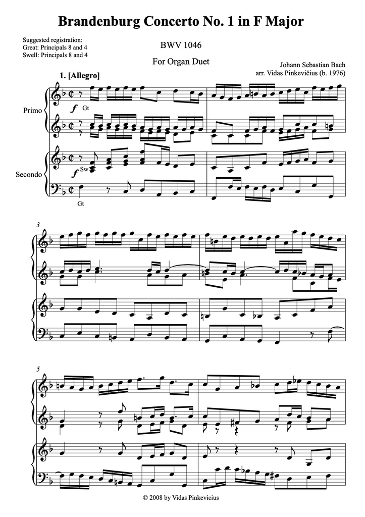 Brandenburg Concerto No. 1 in F Major, BWV 1046 by J.S. Bach (Organ Duet)