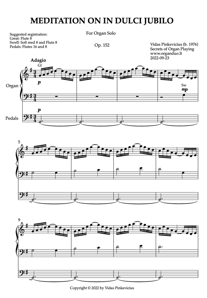 Meditation on In dulci jubilo, Op. 152 (Organ Solo) by Vidas Pinkevicius (2022)