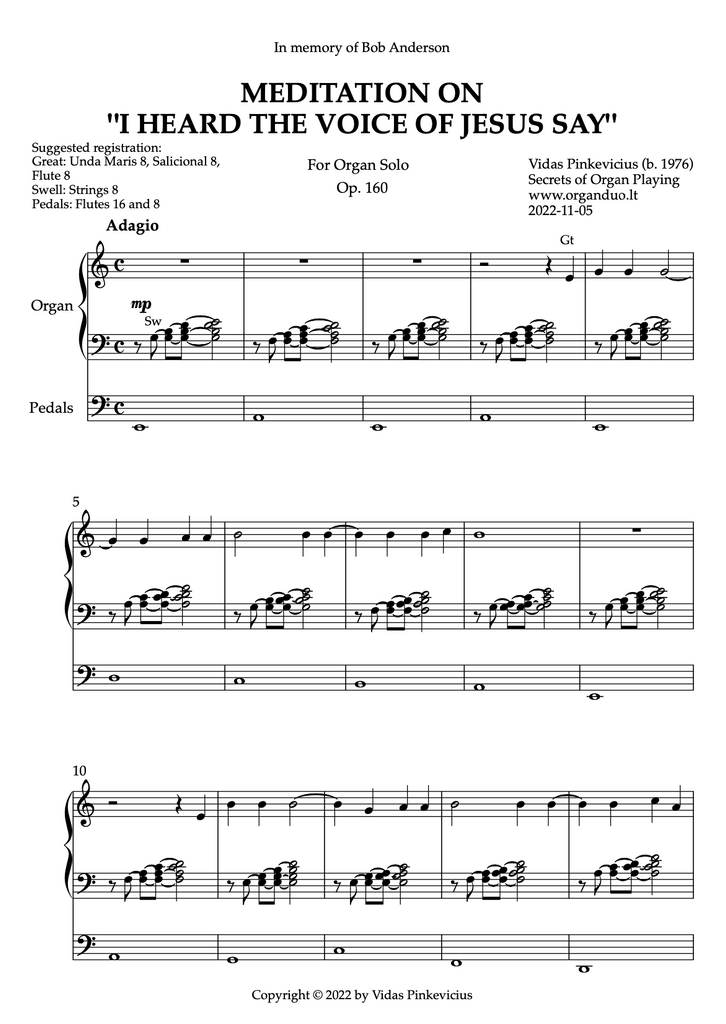 Meditation on "I Heard the Voice of Jesus Say", Op. 160 (Organ Solo) by Vidas Pinkevicius