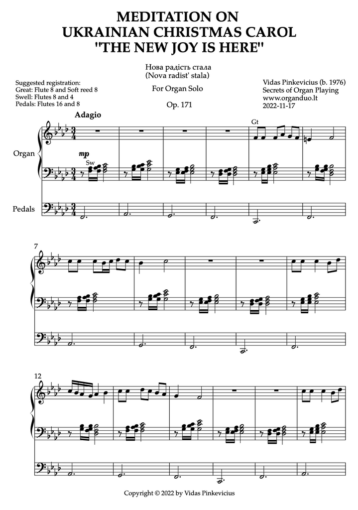Meditation on Ukrainian Christmas Carol "The New Joy Is Here", Op. 171 (Organ Solo) by Vidas Pinkevicius