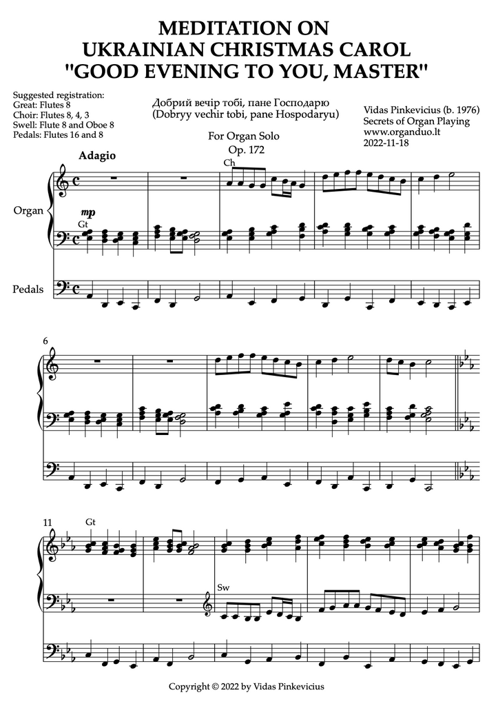 Meditation on Ukrainian Christmas Carol "Good Evening to You, Master", Op. 172 (Organ Solo) by Vidas Pinkevicius
