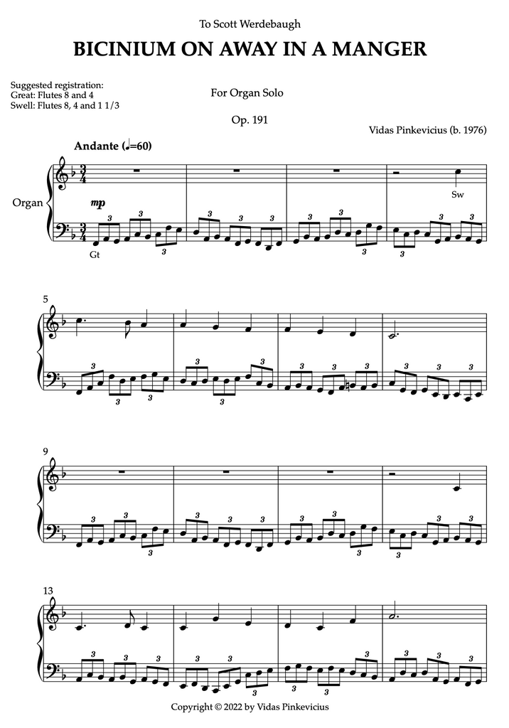 Bicinium on Away in a Manger, Op. 191 (Organ Solo) by Vidas Pinkevicius