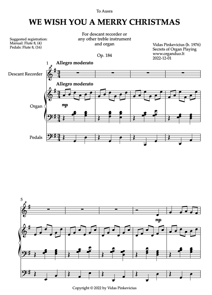 We Wish You a Merry Christmas, Op. 184 (Treble Instrument and Organ) by Vidas Pinkevicius (2022)