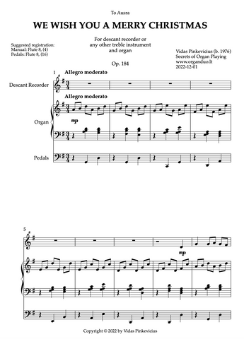 We Wish You a Merry Christmas, Op. 184 (Treble Instrument and Organ) by Vidas Pinkevicius (2022)