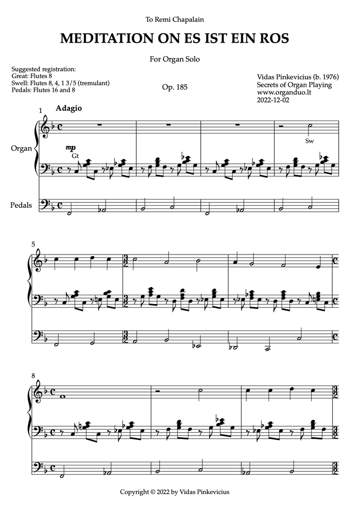 Meditation on Es ist ein Ros, Op. 185 (Organ Solo) by Vidas Pinkevicius