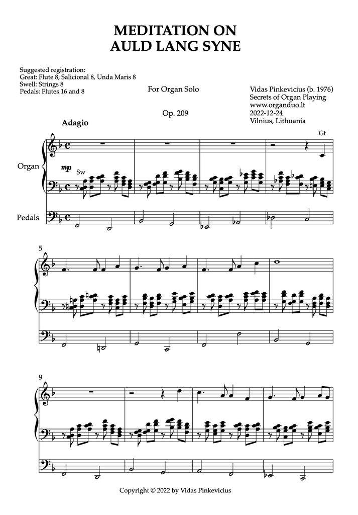 Meditation on Auld Lang Syne, Op. 209 (Organ Solo) by Vidas Pinkevicius
