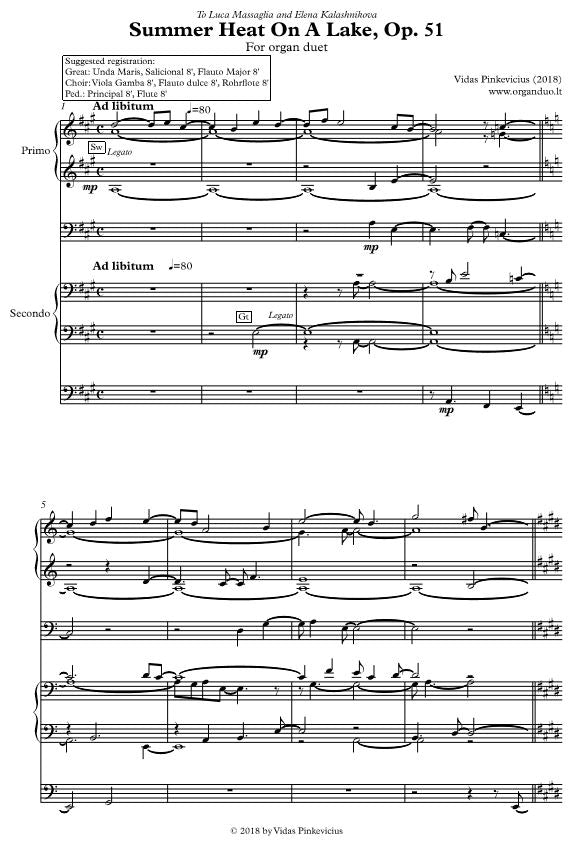 Summer Heat On A Lake, Op. 51 (2018) for organ duet by Vidas Pinkevicius